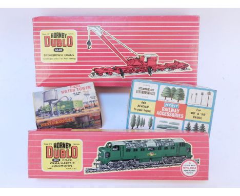 Two boxes of vintage Hornby Dublo model trains and accessories