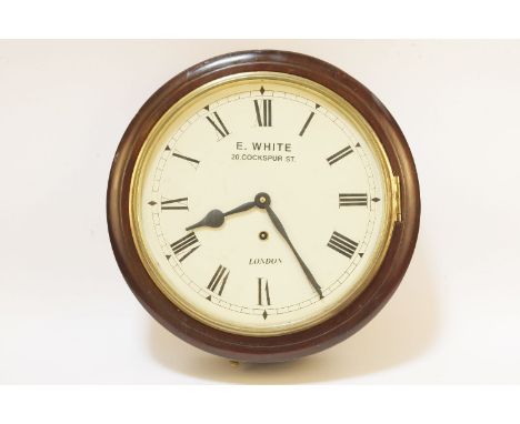 A mahogany wall hanging clock, white enamel dial, signed E White, 20 Cockspur Street, London, with Arabic numerals, with key 