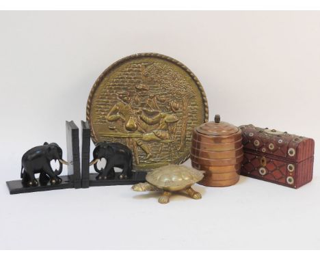 A small dome top leather casket, set with mother of pearl rosettes, a quantity of metal wares, a Meersham pipe, bookends