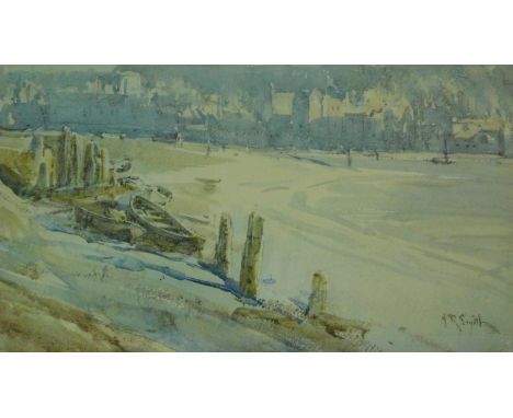 A framed and glazed watercolour, boats by the shore, signed A. R. Smith. 63x52cm 