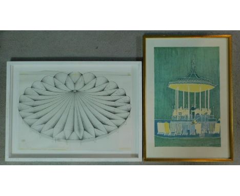 A framed and glazed lithograph, architectural design, indistinctly signed and a gilt framed similar, bandstand, signed and nu