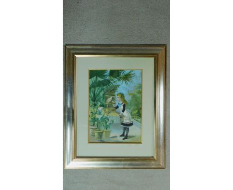 A framed and glazed Victorian coloured lithograph titled 'Feeding Polly' of a young girl in a glasshouse feeding a parrot in 
