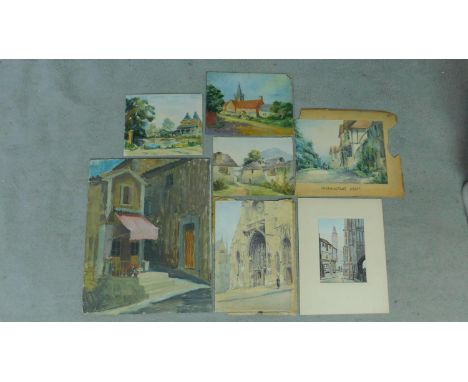 Two unframed oils on board and five unframed watercolours, various signatures, of architectural interest. 56x45cm (largest) 