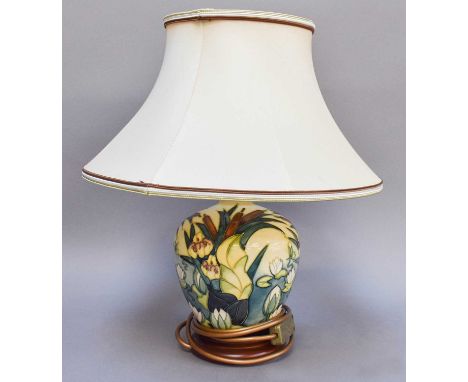 A Moorcroft Lamia Pattern Table Lamp, decorated with waterlilies and bullrushes, with original Moorcroft shade, 40cm high