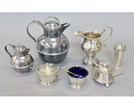 A Collection of Assorted Silver and Silver Plate, the silver comprising a three piece Art Deco-style condiment-set; a George 