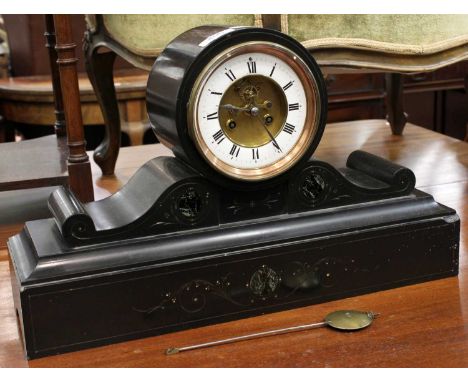 A Victorian Slate Striking Mantel Clock, circa 1870, the 5" enamel dial with a central visible Brocot escapement, 50cm wide b