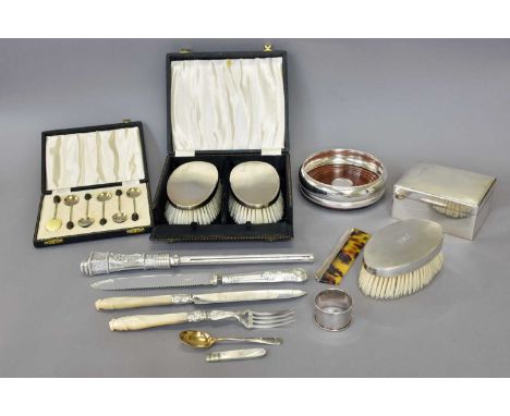 A Collection of Assorted Silver, including a cased pair of brushes; a further brush; a cased set of silver and enamel coffee-