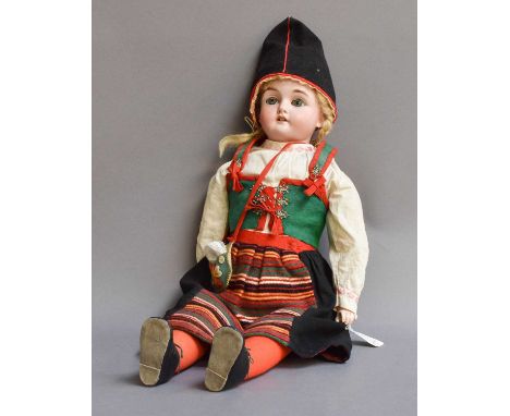 Early 20th Century Costume Doll C F Kling, with bisque shoulder head impressed with the number 377, sleeping blue eyes, open 
