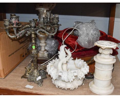 Three Painted Porcelain Dishes, two signed A Jackson in red velvet frames, an Edwardian oval tray, Alabaster and other hardst
