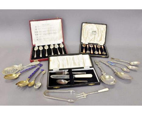 A Collection of Assorted Silver, Silver-Gilt and Enamel Flatware, including two cased sets of coffee spoons; a cased christen