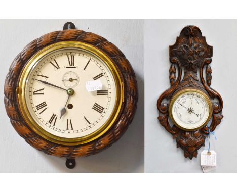 A Bulkhead Clock, in a carved case, together with A Carved Wooden Cased Aneroid Barometer (2)