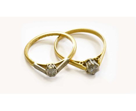 An 18 Carat Gold Diamond Solitaire Ring, finger size P1/2; and Another Diamond Solitaire Ring, marks rubbed, finger size RGro