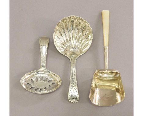 Three George III Silver Caddy-Spoons, one probably by Joseph Taylor, Birmingham, 1796, with pierced oval bowl, another by Mat