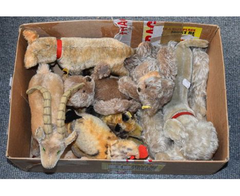 Assorted Steiff Animal Figures, including: a standing dog with a red collar, cockerel, Alsation, jointed poodle and two small