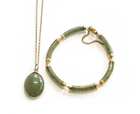 A Jade Type Bracelet, stamped '14K', length 17.5cm; together with A Jade Type Pendant on a 9 Carat Gold Chain, pendant length