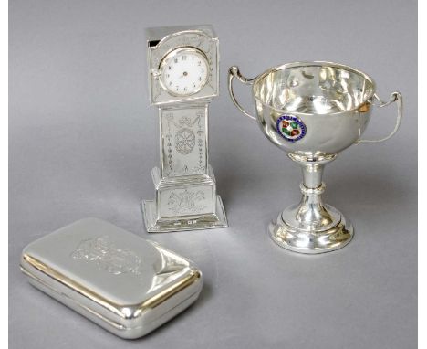 A Collection of Assorted Silver, comprising a silver mounted timepiece in the form of a grandfather clock; an oblong cigarett