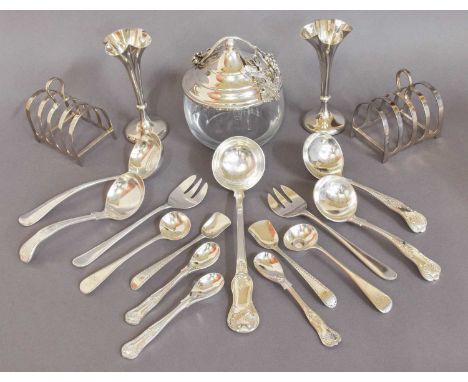 A Collection of Assorted Silver and Silver Plate, comprising a pair of silver five-bar toastracks; a pair of silver small vas