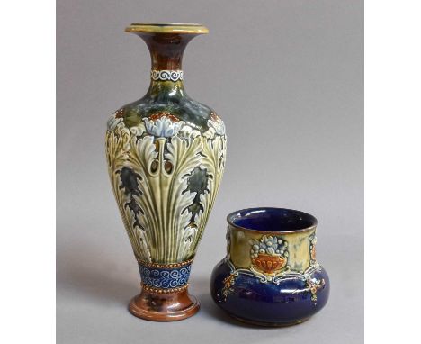 A Doulton Lambeth Stoneware Vase Sprigged with Art Nouveau Flowers, 26cm high, together with A Similar Small Planter (2)Vase 