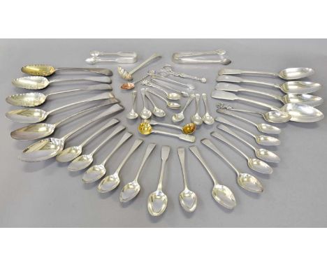 A Collection of Assorted George III and Later Silver Flatware, comprising four various Fiddle pattern table-spoons; three Old
