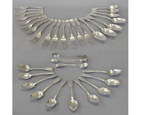 A Collection of George III and Later Silver Flatware, Fiddle pattern, some engraved with a crest or initials, comprising:  4 