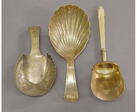 Two George III Silver Caddy-Spoons and Edward VII Silver-Mounted Caddy-Spoon, one Birmingham, 1808, one London, 1805 and one 