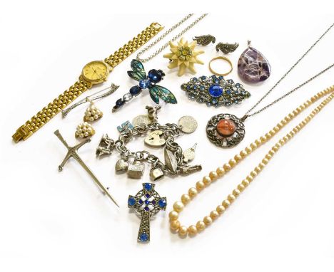 A Quantity of Jewellery, including a 22 carat gold band ring, finger size R; a stainless steel Tissot wristwatch; various bro