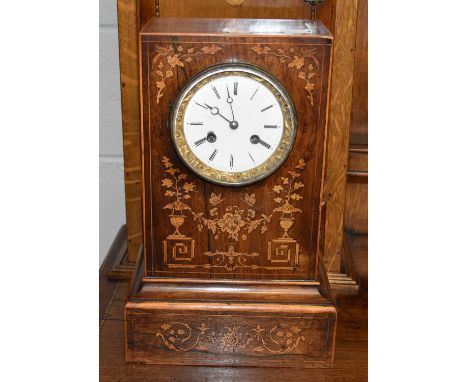 A Rosewood Inlaid Striking Mantel Clock, mid 19th century, twin-barrel movement with outside countwheel striking on a bell, s