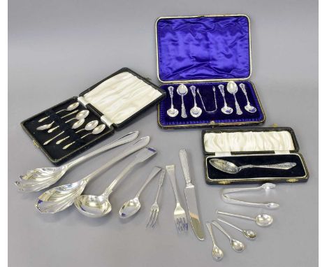 A Collection of Assorted Silver Flatware, various patterns, including two cased set of coffee-spoons; a cased christening-spo