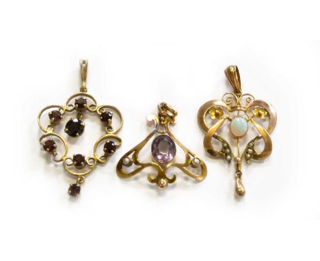 An Amethyst and Split Pearl Pendant, stamped '9CT', length 3.5cm; A 9 Carat Gold Garnet Pendant, length 4.8cm; and An Opal an