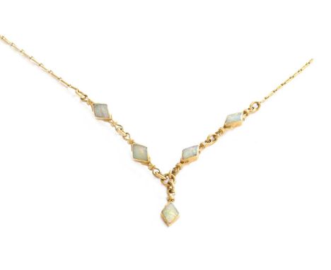 A 9 Carat Gold Opal Necklace, length 51.5cm (a.f.)Gross weight 6.3 grams. The opals are in closed back settings and therefore