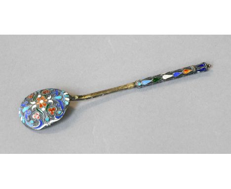 A Russian Silver and Enamel Spoon, Moscow, Late 19th Century, with vari-colour cloisonne enamel, 11.5cm long