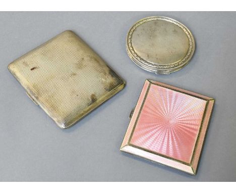 Two Cigarette Boxes and a Compact, the cigarette cases each oblong, one with pink enamel over an engine-turned ground, the ot