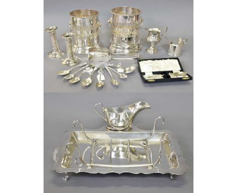 A Collection of Assorted Silver and Silver Plate, the silver including a pair of candlesticks, filled; a George III silver cr