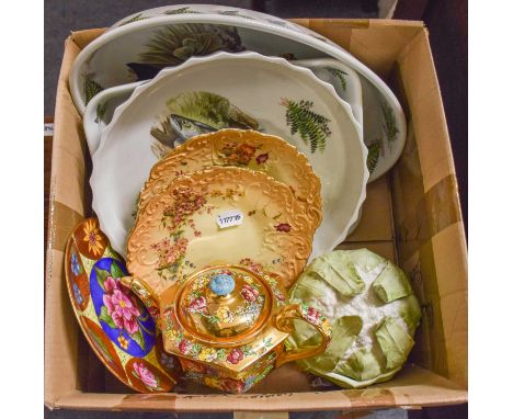 A Group of Decorative Household Ceramics and Glass, including three Royal Worcester blush ivory plates (a.f.), three Portmeir