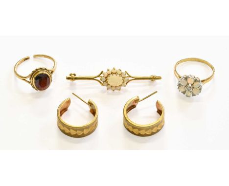 A 9 Carat Gold Opal and Diamond Cluster Ring, finger size Q; A 9 Carat Gold Opal Cluster Bar Brooch, length 4.7cm; A 9 Carat 