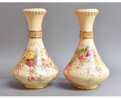 A Pair of Royal Worcester Blush Ivory Vases, painted with floral sprays, 28cm (a/f)