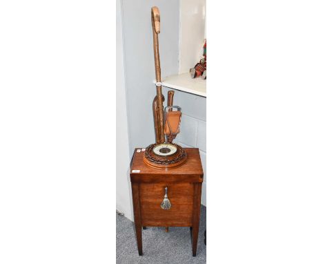 A Mahogany Cellaret, together with an oak barometer, sticks, shooting stick, crooks, etc