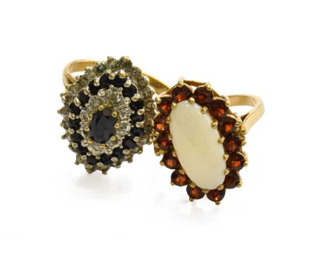 A 9 Carat Gold Opal and Garnet Cluster Ring, finger size M; and A 9 Carat Gold Sapphire and Diamond Cluster Ring, finger size