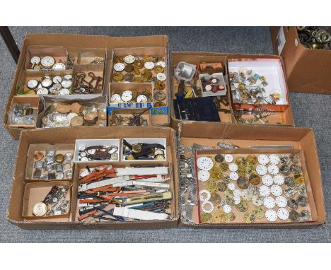 Four Boxes of Watchmakers Tools, watch spure, straps, glasses, movements, dials, cases, keys, moonphase pocket watch in gunme