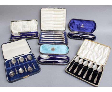 A Collection of Assorted Cased Sets of Silver Flatware, comprising two cased sets of six teaspoons; a cased set of six tea-kn