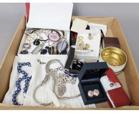 A Quantity of Costume Jewellery, including silver hardstone pendants on chains; enamel scarf clips; various pairs of earrings