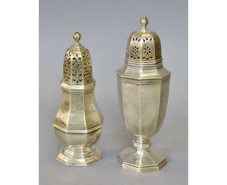 An Edward VII Silver Caster and a George V Silver Caster, the first by Walker and Hall, Sheffield, 1904, tapering octagonal, 