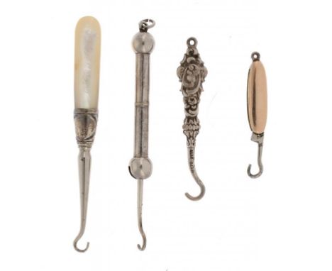 AN UNUSUAL VICTORIAN SILVER PLATED DUMB BELL PROPELLING GLOVE BUTTON HOOK, A MINIATURE FOLDING BUTTON HOOK DESIGNED AS A PENK