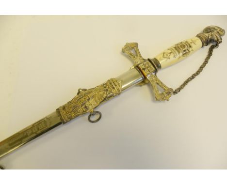 AN AMERICAN SILVER AND NICKEL PLATED MASONIC SWORD AND SCABBARD BY M C LILLEY & CO, COLUMBUS OHIO WITH PENWORK DECORATED IVOR