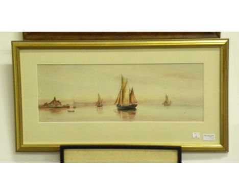 J R BRADLEY - SHIPPING BECALMED, SIGNED, WATERCOLOUR, AN ETCHING OF THE BRIDGE OF SIGHS VENICE AND A PASTEL IN VICTORIAN MAPL