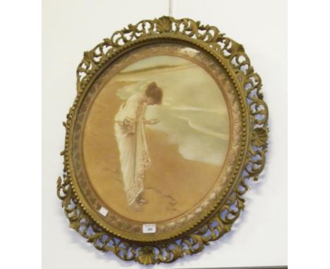 AN ART NOUVEAU PRINT OF A SEA SHELL IN DAMAGED GILT FRAME