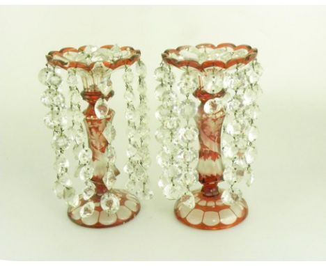 A PAIR OF BOHEMIAN RUBY FLASHED WHEEL ENGRAVED GLASS LUSTRES, SLIGHTLY CHIPPED