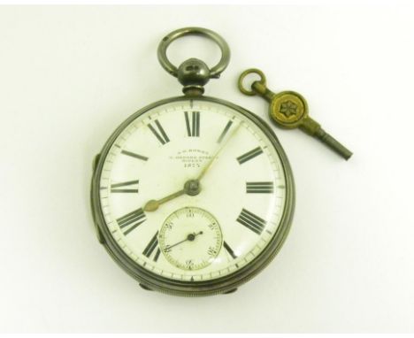 A SILVER LEVER WATCH, THE ENAMEL DIAL SIGNED A O BROWN, 3 OXFORD ST RIPLEY, IN ENGINE TURNED CASE, LONDON 1873