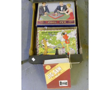 A QUANTITY OF VINTAGE BOARD GAMES, CHAD VALLEY PLY WOOD JIG SAW PUZZLES AND OTHERS SIMILAR, VINTAGE BISCUIT TINS, A HIP FLASK