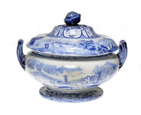 A DON POTTERY BLUE PRINTED PEARLWARE ITALIAN AND SICILIAN VIEWS SERIES CIRCULAR SOUP TUREEN AND COVER with the border pattern